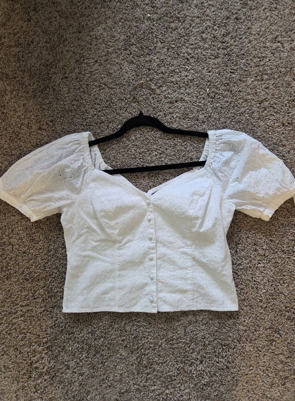 Express - White Eyelet Puff-Sleeve Button Crop Top
